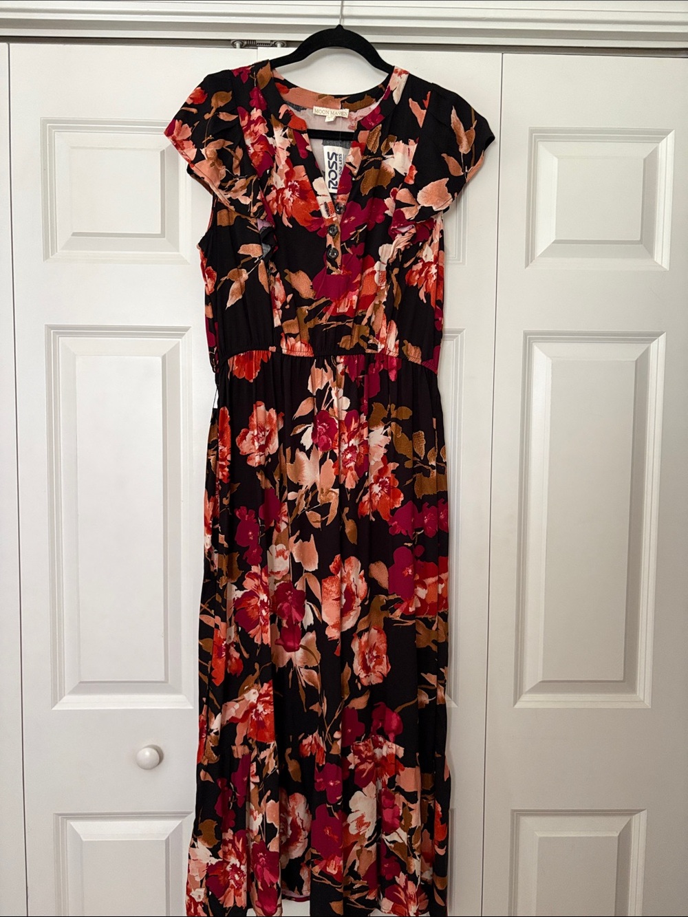 Women's Black Floral Midi Dress with Red & Pink Blooms